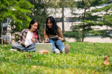 İki genç Asyalı üniversite öğrencisi parkta çimlerin üzerinde oturuyorlar, birlikte dizüstü bilgisayar kullanıyorlar, açık havada bir proje üzerinde çalışırken veya çalışırken bir şeyler tartışıyorlar..