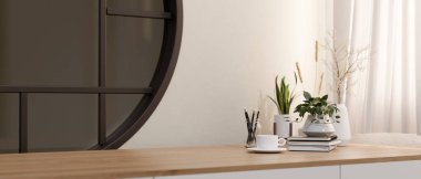 Sergi ürünleri ve ev dekorasyonu için alanı olan minimalist ahşap bir masa, minimalist bir odada yuvarlak pencereli beyaz bir duvara kurulur. 3d görüntüleme, 3d illüstrasyon