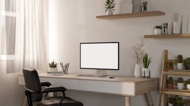 Çağdaş, minimalist, beyaz bir ev ofisi pencerenin yanındaki ahşap bir masanın üzerinde bir bilgisayar modeli, bir koltuk, bir kaktüs rafı ve beyaz duvara monte edilmiş duvar rafları. 3d görüntüleme, 3d illüstrasyon