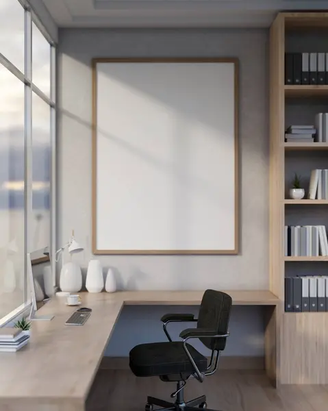 The interior design of a contemporary private office or home office features a corner table with a computer against the window, a shelf, and a frame mockup on the wall. 3d render, 3d illustration