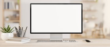 Çağdaş bir minimalist beyaz ofisteki ya da merkez ofisteki ahşap bir masada bilgisayar beyaz ekran modeli. İş yeri konsepti. 3d görüntüleme, 3d illüstrasyon