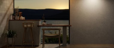 İçinde ahşap bir masa ve deniz ve dağların manzarasına bakan sakin bir sandalye olan samimi bir ortam. 3d görüntüleme, 3d illüstrasyon