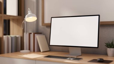Asgari ahşap bir masa üzerinde çağdaş bir minimalist ev ofisinde beyaz ekran bilgisayar modelleme ve dekorasyonunun yakın çekim görüntüsü. 3d görüntüleme, 3d illüstrasyon