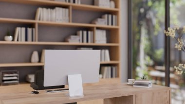 Ahşap bir masadaki bilgisayarın arka plan görüntüsü. Güzel, çağdaş bir özel ofis ya da arka planda büyük bir kitaplık bulunan ev ofisi. 3d görüntüleme, 3d illüstrasyon