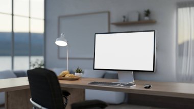 Odasında beyaz ekran bir bilgisayar, bir masa, bir kanepe ve dekor bulunan çağdaş bir özel ofis ya da ev ofisi. 3d görüntüleme, 3d illüstrasyon