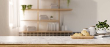 Ekmek sepeti, saksı bitkisi ve minimalist bir odadaki kitaplar da dahil olmak üzere beyaz mermer bir masada sergilenen bir sergi alanı. 3d görüntüleme, 3d illüstrasyon