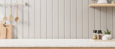 Ürünleri beyaz duvarda minimalist mutfak aletleriyle beyaz mermer bir mutfak masasında sergilemek için bir ekran alanı. Görüntüyü yaklaştır. 3d görüntüleme, 3d illüstrasyon
