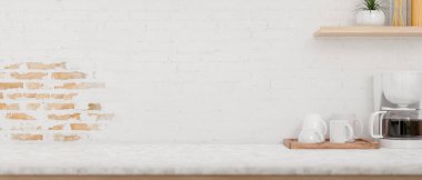 Mutfak masasının üstünde bir ekran alanı, bir kahve makinesi ve bir kupa tepsisini, asgari kırsal beyaz tuğla duvara dayandırır. Görüntüyü yaklaştır. 3d görüntüleme, 3d illüstrasyon