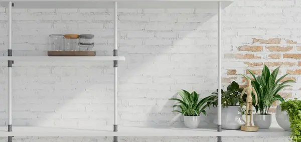 Minimal Rustic White Brick Wall Modern Wall Shelf Rack Home Лицензионные Стоковые Фото