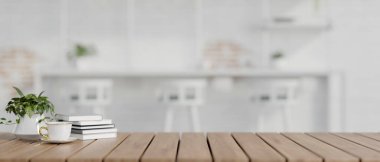 Ahşap bir masanın yakın plan görüntüsünde bir kahve fincanı, kitaplar, bir saksı bitkisi ve minimal beyaz kafe oturma alanının bulanık arka planına karşı bir kopya alanı yer alır. 3d görüntüleme, 3d illüstrasyon