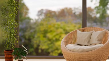 Hasır koltuklu, yastıklı rahat bir oda ve doğa manzaralı büyük cam pencereye karşı iç mekan bitkileri. 3d görüntüleme, 3d illüstrasyon