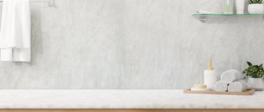 Duvara dayalı modern lüks bir banyo masasında bir tuvalet takımı, havlular, saksı bitkileri ve ürünleri sergilemek için yer bulunur. 3d görüntüleme, 3d illüstrasyon