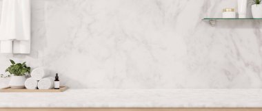 Modern, lüks, beyaz mermer bir banyo masasında bir banyo seti, havlular, saksı bitkisi ve beyaz mermer duvara karşı ürünler sergilenecek bir yer bulunur. 3d görüntüleme, 3d illüstrasyon