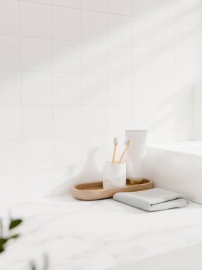 Beyaz fayans duvarına karşı beyaz mermer bir banyo masasının üzerindeki tuvalet eşyasının yakın çekimi. Diş fırçası, diş macunu ve el havlusu. 3D çizim, 3D resim.