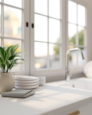 Beyaz ve temiz bir mutfak tezgahının yakın çekiminde, modern beyaz bir mutfakta saksı, askı, tabak ve lavabo bulunur. 3d görüntüleme, 3d illüstrasyon