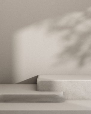 Gri dikdörtgen kaideyi ya da merdiveni gün ışığı ve ağaç gölgesiyle gri duvara karşı ürünleri sergilemek için kullanın. Fotokopi alanı olan modern bir tavan arası. 3d görüntüleme, 3d illüstrasyon