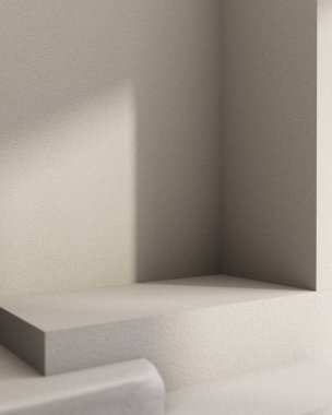 Gri dikdörtgen kaideyi ya da merdiveni, gün ışığı gölgesiyle gri duvara karşı ürünleri sergilemek için kullanın. Fotokopi alanı olan modern bir tavan arası. 3d görüntüleme, 3d illüstrasyon