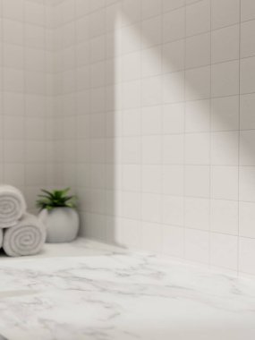 Lüks beyaz mermer bir banyo masasında ya da havlular ve beyaz fayans duvarına karşı saksı bitkisi sergilenecek bir yer. 3d görüntüleme, 3d illüstrasyon