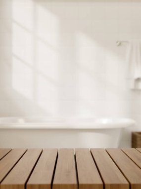 Modern, minimalist, beyaz bir banyoda banyo küveti olan ahşap bir masada ürünleri sergilemek için bir yer. Yakın çekim görüntü. 3d görüntüleme, 3d illüstrasyon