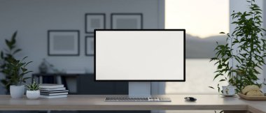 Modern bir özel ofisin masasında beyaz ekran maketi ve aksesuarları olan bir bilgisayar. Çalışma alanı, ev ofisi, iş yeri. 3d görüntüleme, 3d illüstrasyon