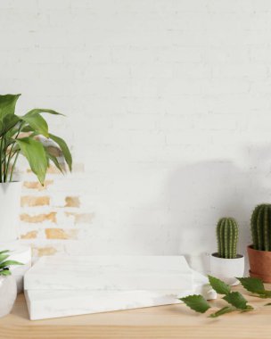 Ürünü göstermek için beyaz mermer dikdörtgen taş bir kaide beyaz tuğla duvara dayalı bitkilerle ahşap bir masanın üzerinde. Görüntüyü yaklaştır. Güzel zemin. 3d görüntüleme, 3d illüstrasyon