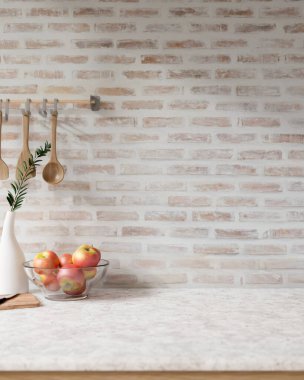 İskandinav mutfağının tuğla duvarına karşı mutfak dekoratif nesneleri olan beyaz mermer bir masanın üzerindeki vitrin alanının yakın çekim görüntüsü. 3d görüntüleme, 3d illüstrasyon