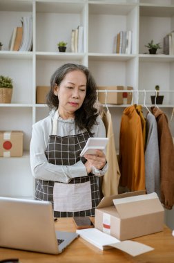 Stresli ve ciddi bir Asyalı kadın çevrimiçi satıcı ev ofisinde çalışırken pazarlama reklamlarının masraflarını hesaplıyor. E-ticaret, çevrimiçi iş, giyim sektörü