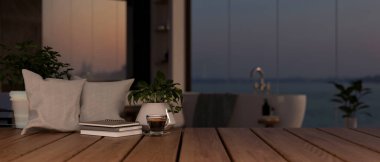 Ürünlerin sergilendiği ahşap bir masada gece vakti modern ve lüks bir tuvalette dekoratif nesneler bulunur. Görüntüyü yaklaştır. 3d görüntüleme, 3d illüstrasyon