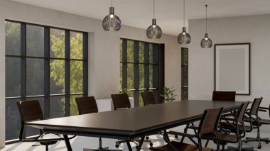 Lüks ahşap toplantı masası, modern kolye ışıkları ve büyük cam pencerelerden süzülen güneş ışığı olan çağdaş bir toplantı odasının iç tasarımı. 3d görüntüleme, 3d illüstrasyon