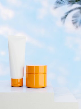 Turuncu renkli bir krema kavanozu ve arkasında mavi bir gökyüzü olan bir kaidede beyaz bir tüp modeli. Güneş kremi ve yüz kremi maketi afişi. Güzellik ürünleri, 3D görüntüleme, 3D resimleme