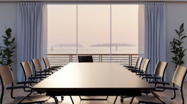 Modern, çağdaş bir toplantı odasında, doğa manzaralı ve balkonlu geniş bir pencerenin olduğu bir toplantı masasının önü. 3d görüntüleme, 3d illüstrasyon