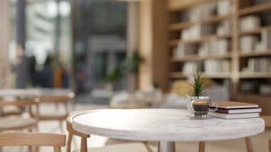 Tarafsız yuvarlak mermer bir masada, rahat, çağdaş bir kahve dükkanında veya kütüphanede tahta koltukları olan ürünleri sergilemek için kullanılan bir alanın yakın plan görüntüsü. 3d görüntüleme, 3d illüstrasyon