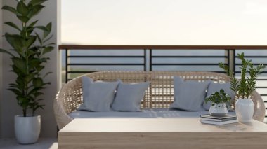 Sıcak bir İskandinav apartman balkonunda hasır bir kanepe, ahşap bir sehpa, dekoratif bitkiler ve doğa manzarası bulunur. 3d görüntüleme, 3d illüstrasyon
