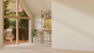 Konforlu bir minimalist odada kapalı bir koridorun iç tasarımı parke zemin, trapezoid şeklinde geniş bir pencere, bir masa, tabure ve beyaz bir duvar içerir. 3d görüntüleme, 3d illüstrasyon