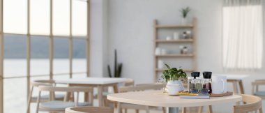 Dekoratif nesnelerle dolu minimalist ahşap bir masanın yakın plan görüntüsü modern, minimalist bir restoranda veya kafe oturma alanında yer almaktadır. 3d görüntüleme, 3d illüstrasyon