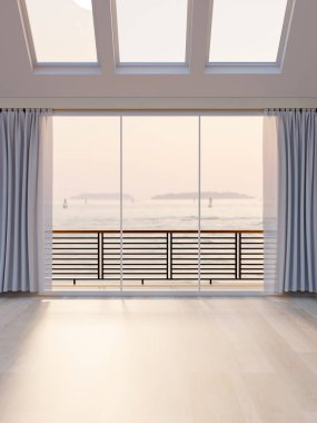 Boş bir çağdaş odanın iç tasarımında perdeli bir pencere, deniz manzaralı bir balkon, parke zemin ve tavan pencereli uzun bir tavan bulunur. 3d görüntüleme, 3d illüstrasyon