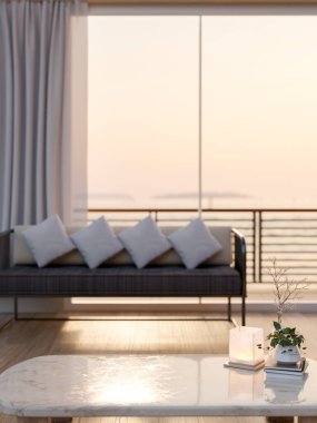 Çağdaş, lüks bir oturma odasındaki sehpanın üzerindeki fotokopi alanının yakın plan görüntüsünde balkona yakın bir kanepe var. 3d görüntüleme, 3d illüstrasyon