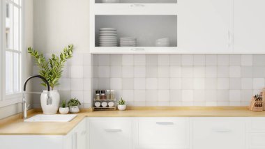 Minimalist beyaz bir mutfağın iç tasarımında bir lavabo, dekor bitkileri ve ahşap mutfak tezgahında çeşnili bir raf ve fayanslı bir duvarda beyaz bir dolap bulunur. 3d görüntüleme, 3d illüstrasyon