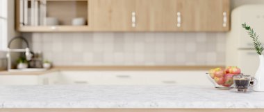 Modern bir minimalist mutfakta beyaz mermer bir mutfak masasında ürünleri sergilemek için bir kopya alanı. yakın plan resim, 3d görüntüleme, 3d illüstrasyon