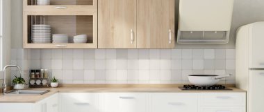 Çağdaş bir minimalist beyaz mutfağın iç tasarımı beyaz bir buzdolabı, asgari ahşap mutfak tezgahı, ahşap dolap ve lavabo içerir. 3d görüntüleme, 3d illüstrasyon