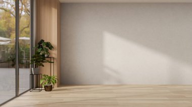 Çağdaş minimalist boş bir odanın iç tasarımı, bir parke zemin, pencere kenarındaki bir rafta kapalı bitkiler ve beyaz bir duvar içerir. 3d görüntüleme, 3d illüstrasyon
