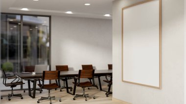 Çağdaş bir toplantı odasındaki beyaz duvarda büyük boş bir çerçeve modeli. iş yeri konsepti, 3D render, 3D illüstrasyon