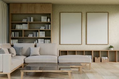 Konforlu bir modern oturma odasının iç tasarımında rahat gri renkli bir kanepe, bir sehpa, bir kitaplık, duvarda çerçeve posterleri ve bir parke zemin bulunur. 3d görüntüleme, 3d illüstrasyon