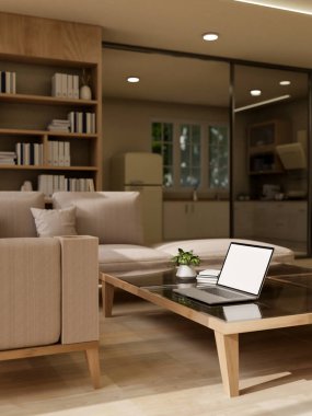 Modern bir oturma odasının iç tasarımı, sehpada dizüstü bilgisayar, rahat bir kanepe ve ev dekorasyonu. 3d görüntüleme, 3d illüstrasyon