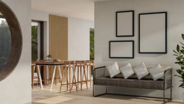 Kanepesi, taburesi, parke döşemesi, penceresi ve çerçevesi olan modern bir iç mekan koridorunun iç tasarımı. 3d görüntüleme, 3d illüstrasyon