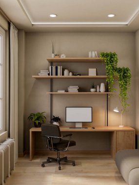 Çağdaş bir ofisin iç tasarımı ahşap bir masanın üzerinde bir bilgisayar, bir ofis sandalyesi, dekoratif nesnelerle dolu raflar, bir parke zemin ve bir tavan içerir. 3d görüntüleme, 3d illüstrasyon