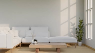 Çağdaş, rahat, beyaz bir oturma odasının iç tasarımında rahat bir beyaz kanepe, ahşap bir sehpa, bir saksı ve beyaz bir duvar bulunur. 3d görüntüleme, 3d illüstrasyon