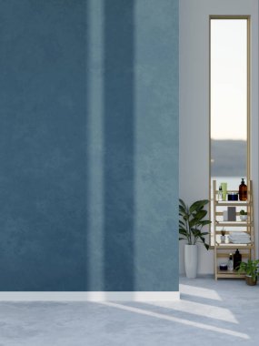 Boş mavi duvarı, ahşap banyo ürünleri ve ev bitkileriyle dolu modern boş bir oda. ev içi, ev koridoru, 3D çizim, 3D resim