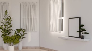 Duvar rafında boş bir çerçeve, ev bitkileri, dik perdeli pencereler ve parke zeminin olduğu minimal beyaz bir oda. 3d görüntüleme, 3d illüstrasyon