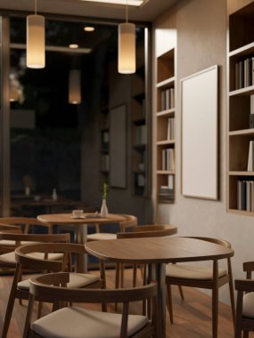 Günümüz İskandinav kafe ya da restoran oturma alanının geceleri tasarlanan iç tasarımında pencere ve dekorun yanında ahşap masa ve sandalyeler yer almaktadır. 3d görüntüleme, 3d illüstrasyon
